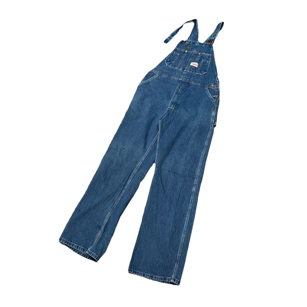 Vintage Round House Overalls USA Made 32x32 Scovill Zipper 80s Denim Blue *FLAW*